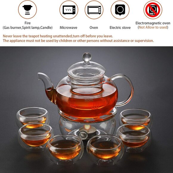 Kendal 27 oz glass filtering tea maker teapot with a warmer and 6 tea cups CJ-80 - Picture 6 of 7